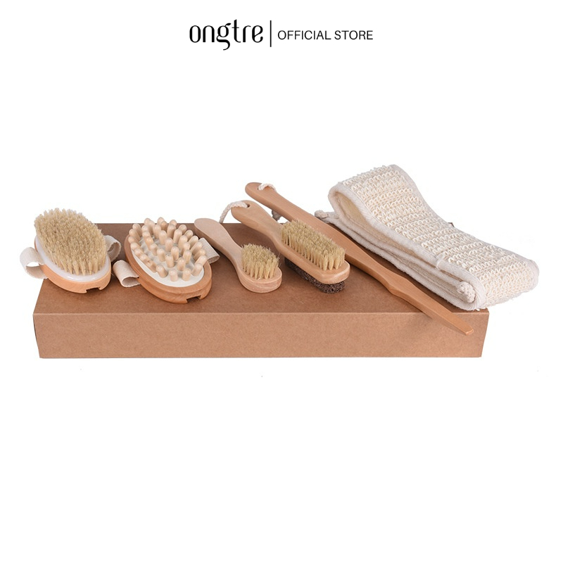Bộ 6 Bàn Chải Tắm ONGTRE Cán Gỗ Tự Nhiên, Bàn Chải Chà Lưng, Massage Body, Tẩy Tế Bào Chết, Quà Tặng