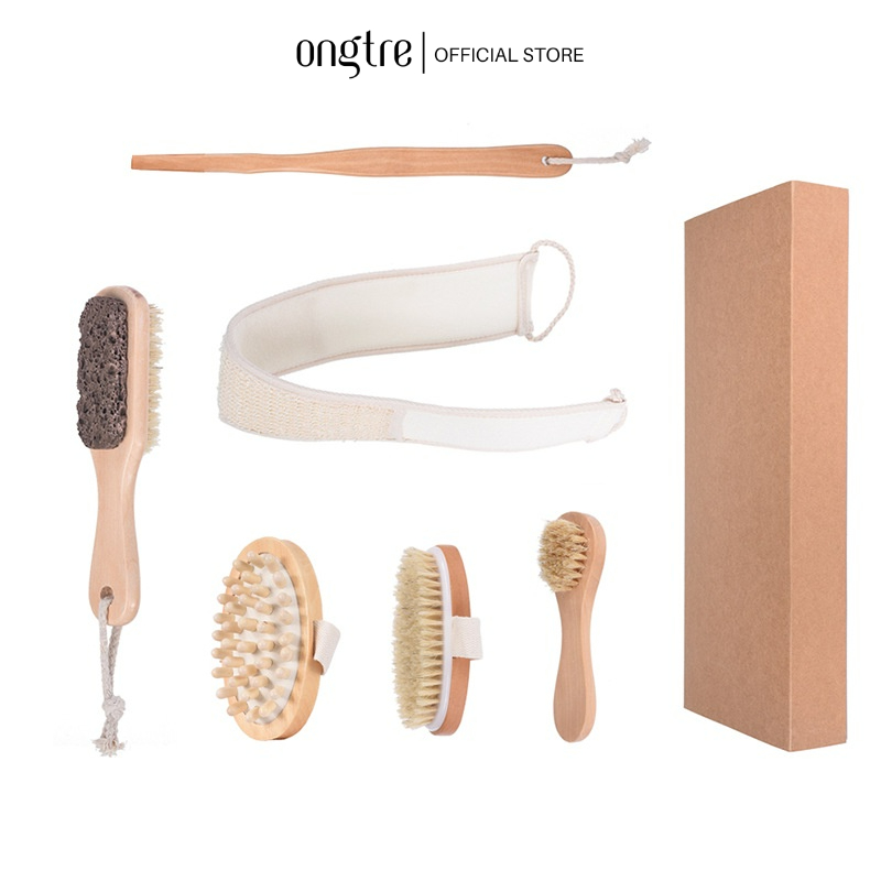 Bộ 6 Bàn Chải Tắm ONGTRE Cán Gỗ Tự Nhiên, Bàn Chải Chà Lưng, Massage Body, Tẩy Tế Bào Chết, Quà Tặng