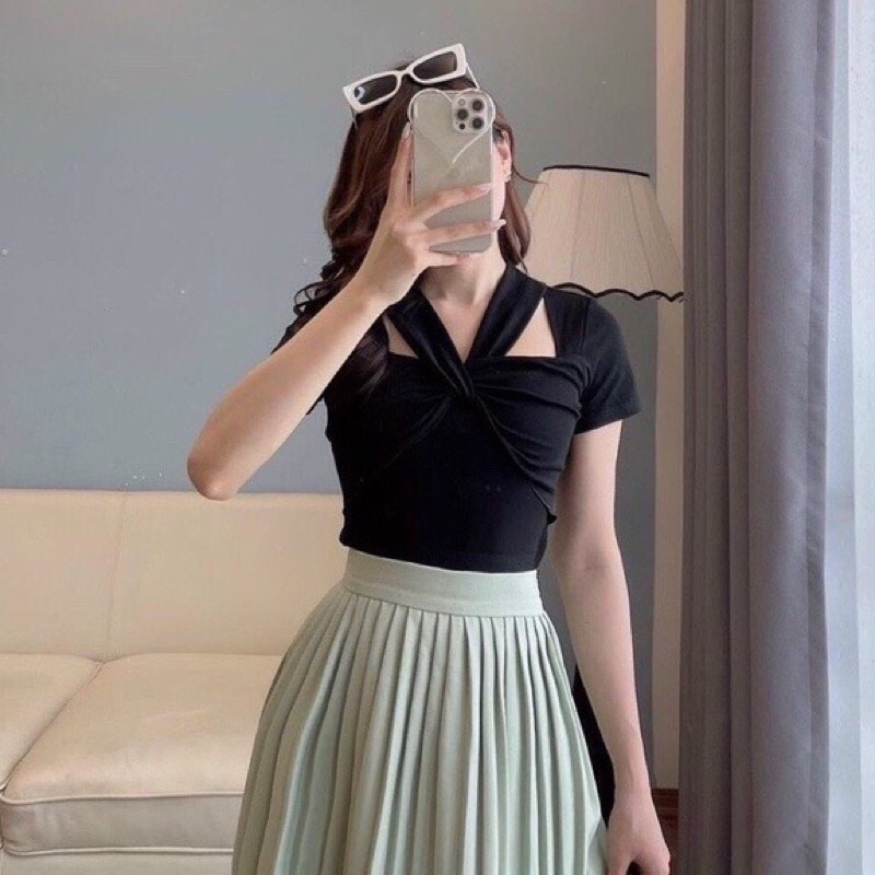 Áo nữ tay ngắn Chất Thun Gân Ôm dáng kiểu cổ Vuông phối dây yếm A97 | BigBuy360 - bigbuy360.vn