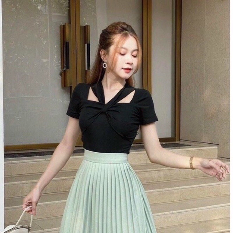 Áo nữ tay ngắn Chất Thun Gân Ôm dáng kiểu cổ Vuông phối dây yếm A97 | BigBuy360 - bigbuy360.vn