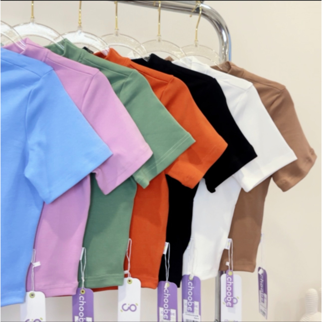 Ảnh Áo phông baby tee nữ Choobe croptop cộc tay cổ cao basic ôm body vải cotton co giãn tốt A86 4