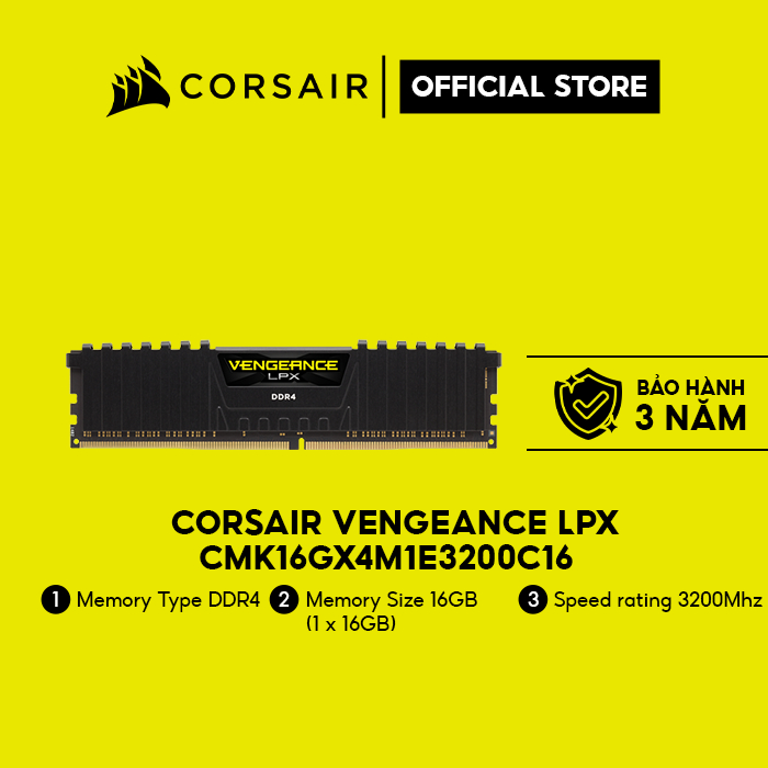 [Mã ELCL7 giảm 7% đơn 300K] Bộ nhớ RAM dành cho PC CORSAIR VENGEANCE LPX 16GB DDR4 1x16G 3200MHz CMK16GX4M1E3200C16