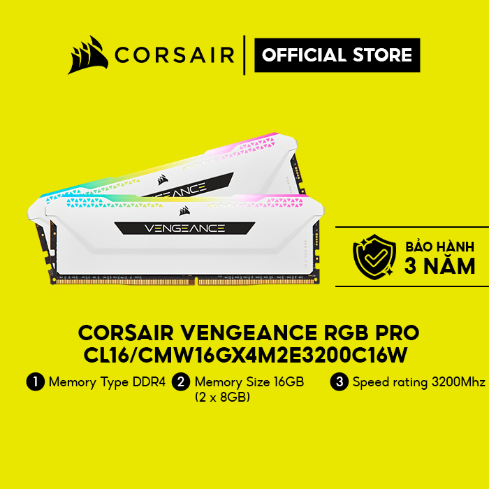 Bộ nhớ trong Corsair DDR4 Vengeance RGB PRO Heat spreader,RGB LED,3200MHz, CL16,16GB (2x8GB) trắng/CMW16GX4M2E3200C16W