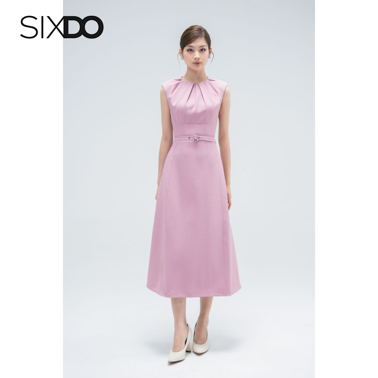 Đầm sát nách cổ tròn cách điệu phối đai eo SIXDO Pink Gathered Neckline Midi Raw Dress