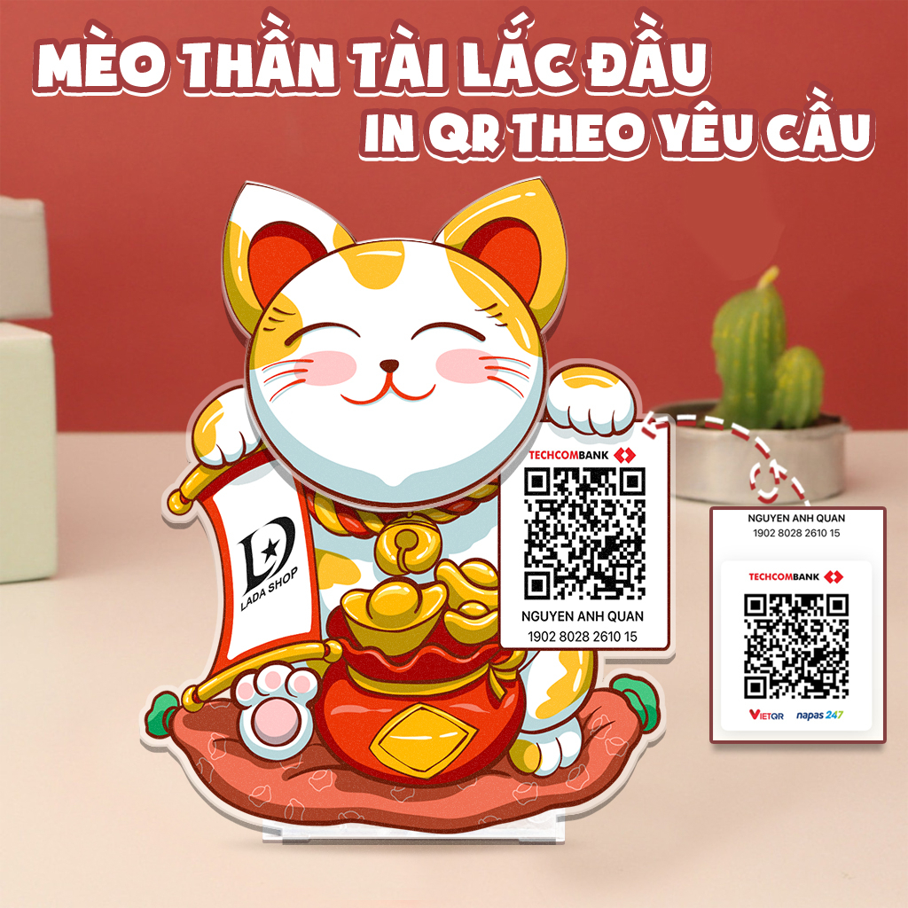 Mô hình standee lắc đầu mèo thần tài có mã QR, mô hình lắc đầu chạy ...