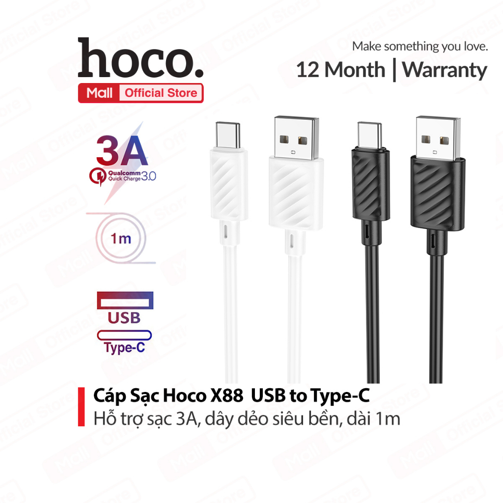 Hoco X88 Cavo USB-A A Tipo C 1m - Ricarica Rapida 3A, Trasferimento Dati, Nylon Intrecciato Nero