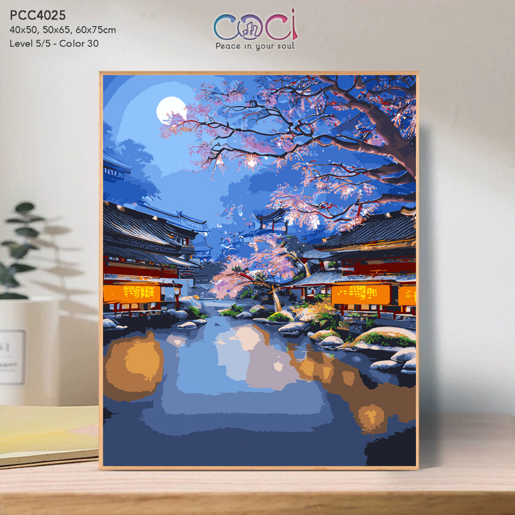 Tranh số hoá tự tô màu theo số COCI phong cảnh hồ nước cung đình đêm trăng tuyết rơi PCC4025