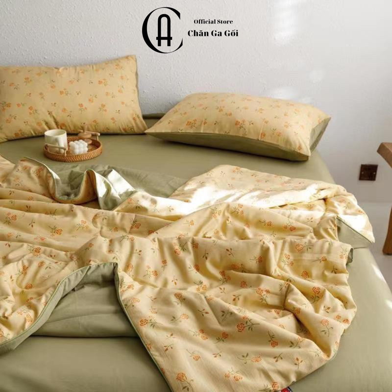 Bộ Chăn Ga Gối Trần Bông Cotton Đũi Lanh Phong Cách Vintage - Hoa Nhí Vàng CA Bedding Decor