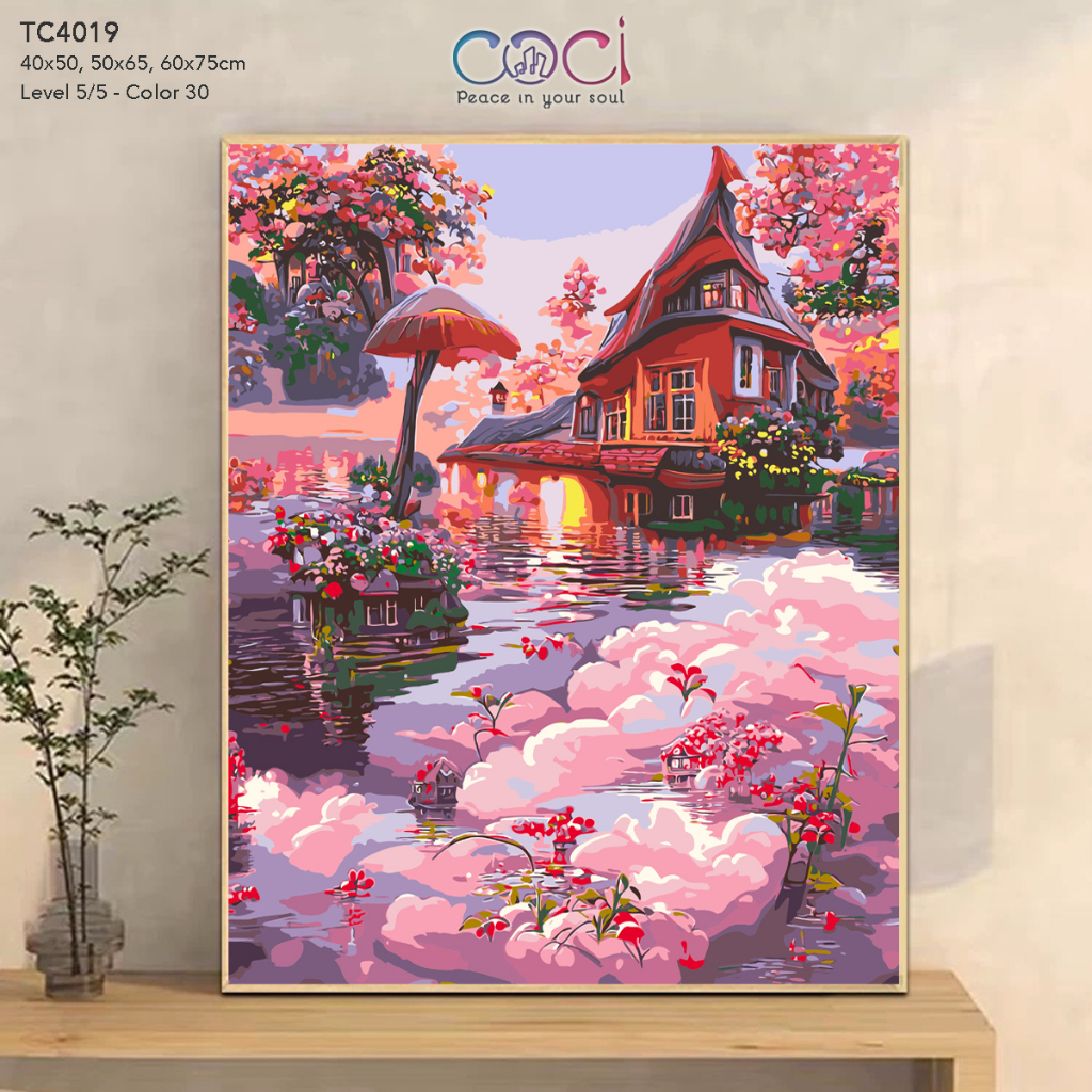 Tranh tô màu theo số thế giới ảo mộng COCI tiên cảnh AI ngôi nhà trên hồ TC4019 có khung