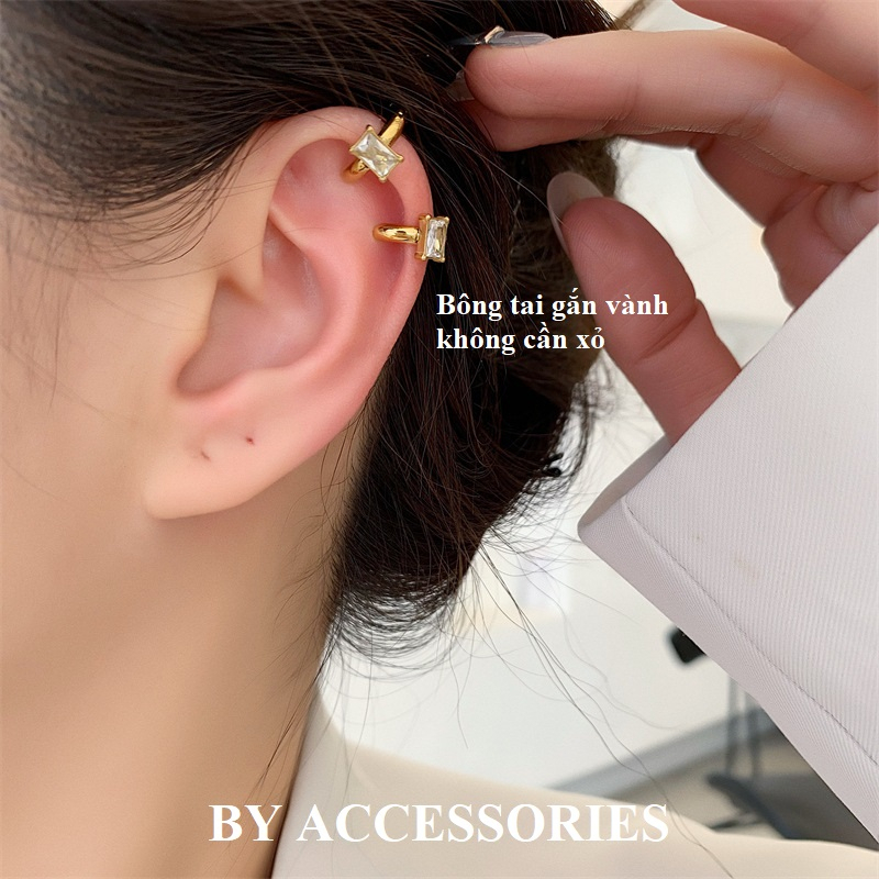 Bông tai gắn vành kẹp tai titan kiểu tròn mạ vàng đính đá chữ nhật lấp lánh không gỉ không cần xỏ lỗ tai EC2