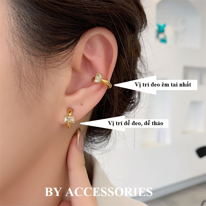 Bông tai gắn vành kẹp tai titan kiểu tròn mạ vàng đính đá chữ nhật lấp lánh không gỉ không cần xỏ lỗ tai EC2