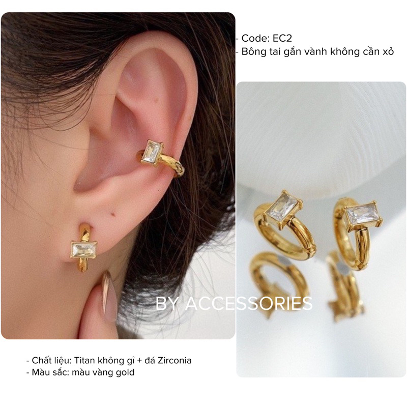 Bông tai gắn vành kẹp tai titan kiểu tròn mạ vàng đính đá chữ nhật lấp lánh không gỉ không cần xỏ lỗ tai EC2