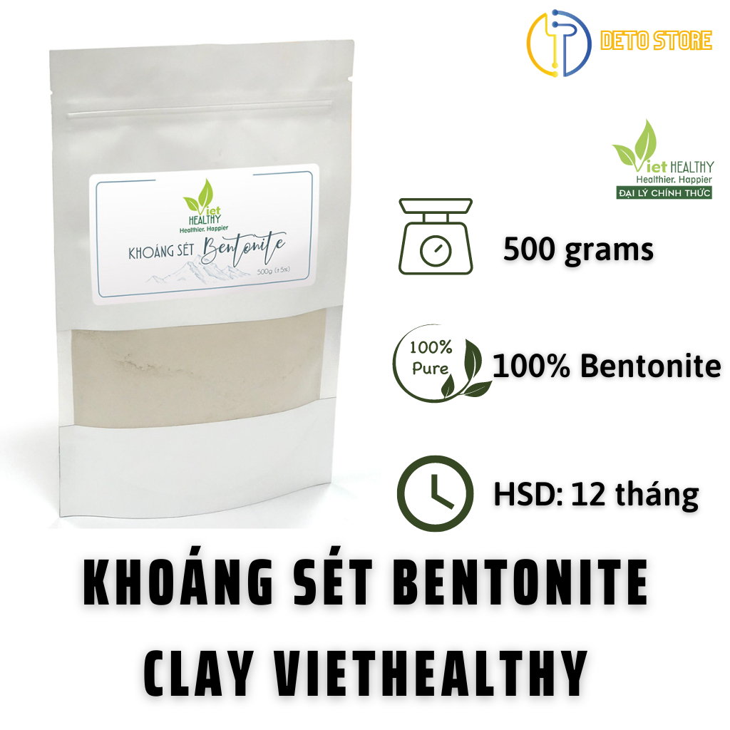 Khoáng Sét Bentonite Clay Viet Healthy Thải Kim Loại Nặng, Mặt Nạ Đất Sét Sạch Mụn Làm Sạch Tiêu Hóa
