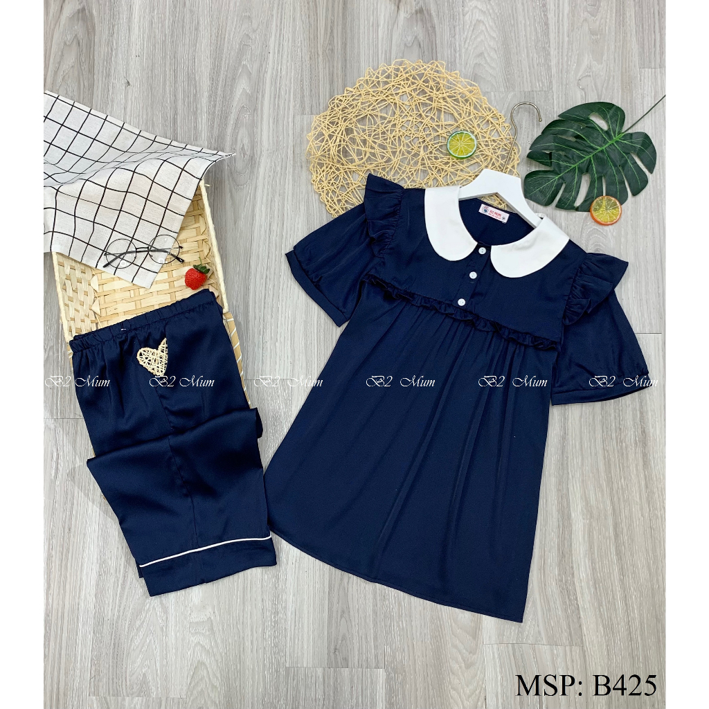 Bộ bầu thiết kế cổ sen, chất lụa thoải mái, mix cổ trắng, có khóa ti tiện lợi cho mẹ bầu và sau sinh - B425 B2MUM