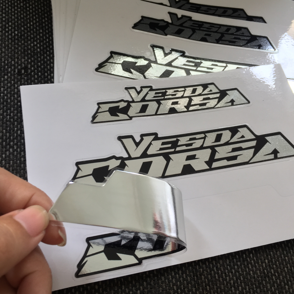 Bộ tem Vesda Corsa, chất liệu Crom sáng bóng. Decal cao cấp dán xe Vespa và mọi dòng xe khác. Chống nước
