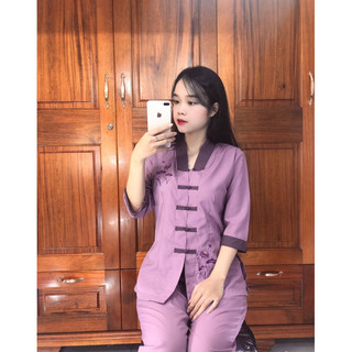 la hán phối nữ set đồ lam đi chùa