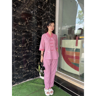 la hán phối nữ set đồ lam đi chùa