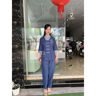 la hán phối nữ set đồ lam đi chùa