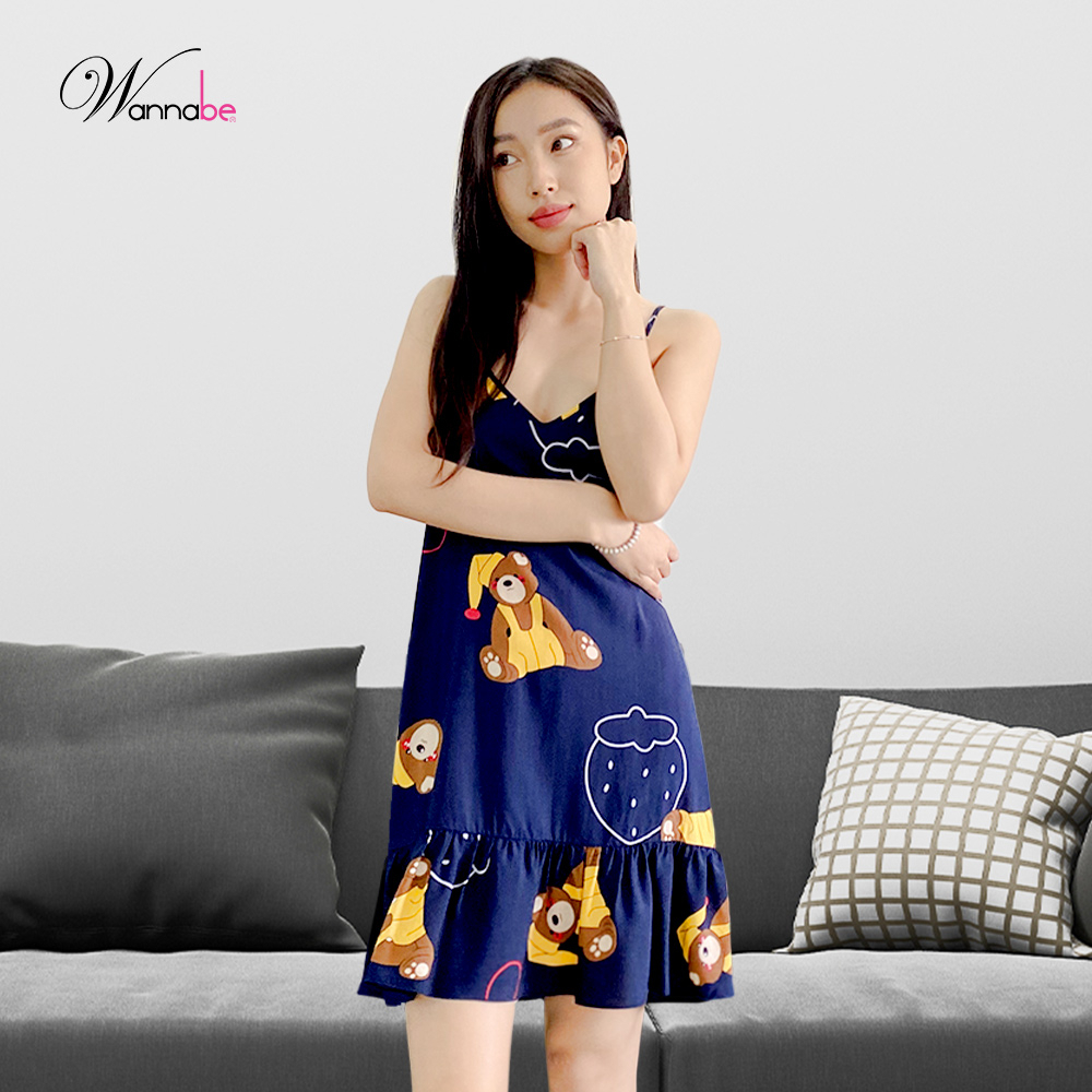 Đồ ngủ Nữ WANNABE DNC18 đầm ngủ hai dây vải lanh tole mát lạnh in họa tiết chú gấu dễ thương xinh xắn