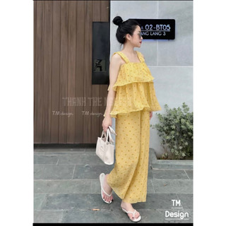 Set Bộ Áo 2 Dây Tơ Nhăn Mỏng Họa Tiết  Trái Tim Nhí Bèo Tầng Mix Quần Suông 2 Lớp Freesize