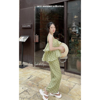 Set Bộ Áo 2 Dây Tơ Nhăn Mỏng Họa Tiết  Trái Tim Nhí Bèo Tầng Mix Quần Suông 2 Lớp Freesize