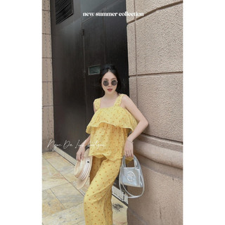 Set Bộ Áo 2 Dây Tơ Nhăn Mỏng Họa Tiết  Trái Tim Nhí Bèo Tầng Mix Quần Suông 2 Lớp Freesize