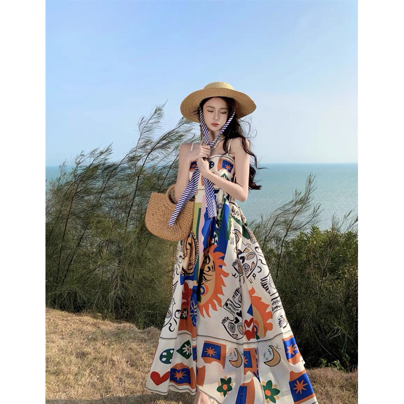 Đầm Maxi Hoạ Tiết Thổ Cẩm Đi Biển Phong Cách Boho