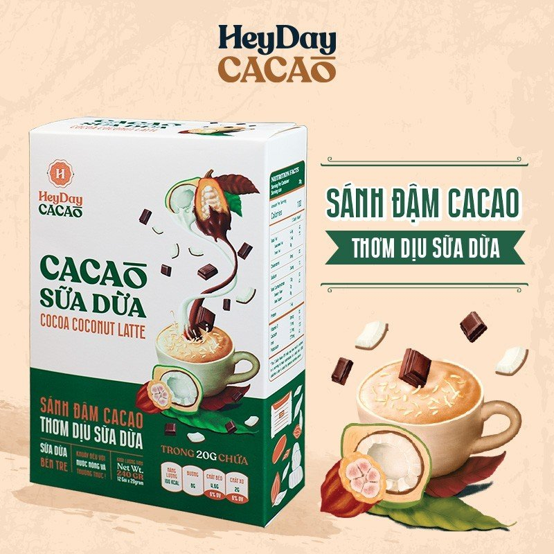 Ảnh Bột Cacao Sữa Dừa - Hộp Giấy 12 Gói Tiện Lợi 20g - Bột cacao sữa dừa tự nhiên, thuần chay - Heyday 1