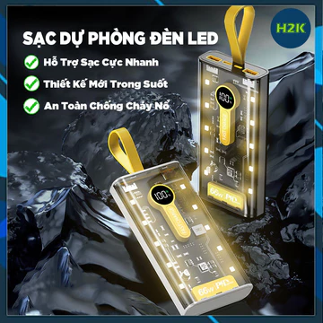 Sạc Dự Phòng 10000mAh/20000mAh Sạc Nhanh 66W, Sạc Tích Điện Không Dây 3 Cổng Sạc Thiết Kế Mới Trong Suốt Màn Hình LED