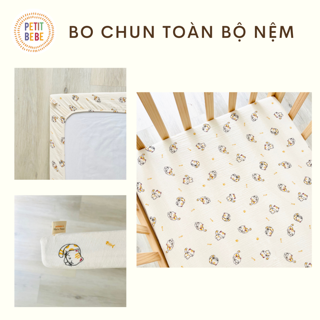 Ảnh Ga bọc nệm cũi 62x114cm cho bé PETIT BEBE muslin bo chun họa tiết đa dạng 3
