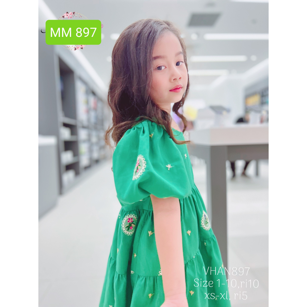 Váy Thêu Cao Cấp 1-10 Tuổi Dự Tiệc Màu Xanh, Đầm Thêu Hoa Babydoll Dáng Xòe Cho Bé