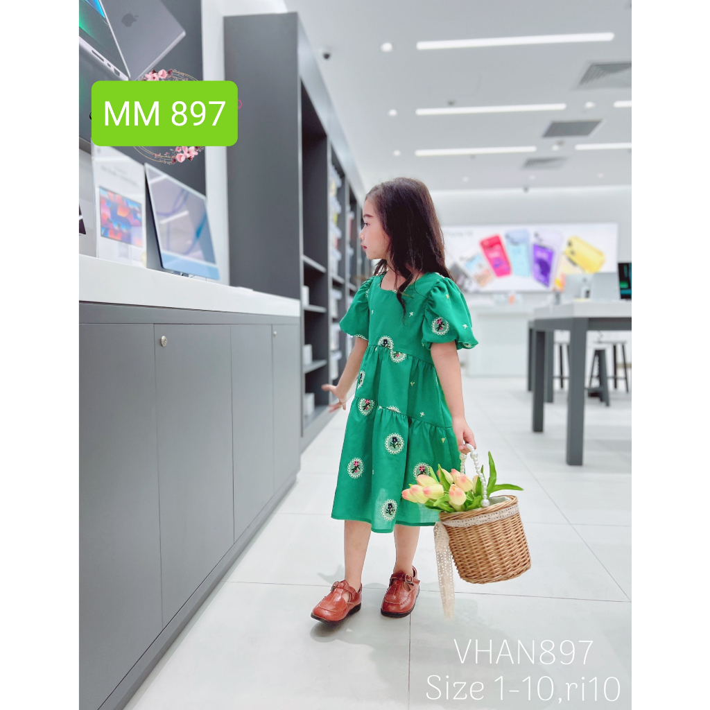 Váy Thêu Cao Cấp 1-10 Tuổi Dự Tiệc Màu Xanh, Đầm Thêu Hoa Babydoll Dáng Xòe Cho Bé