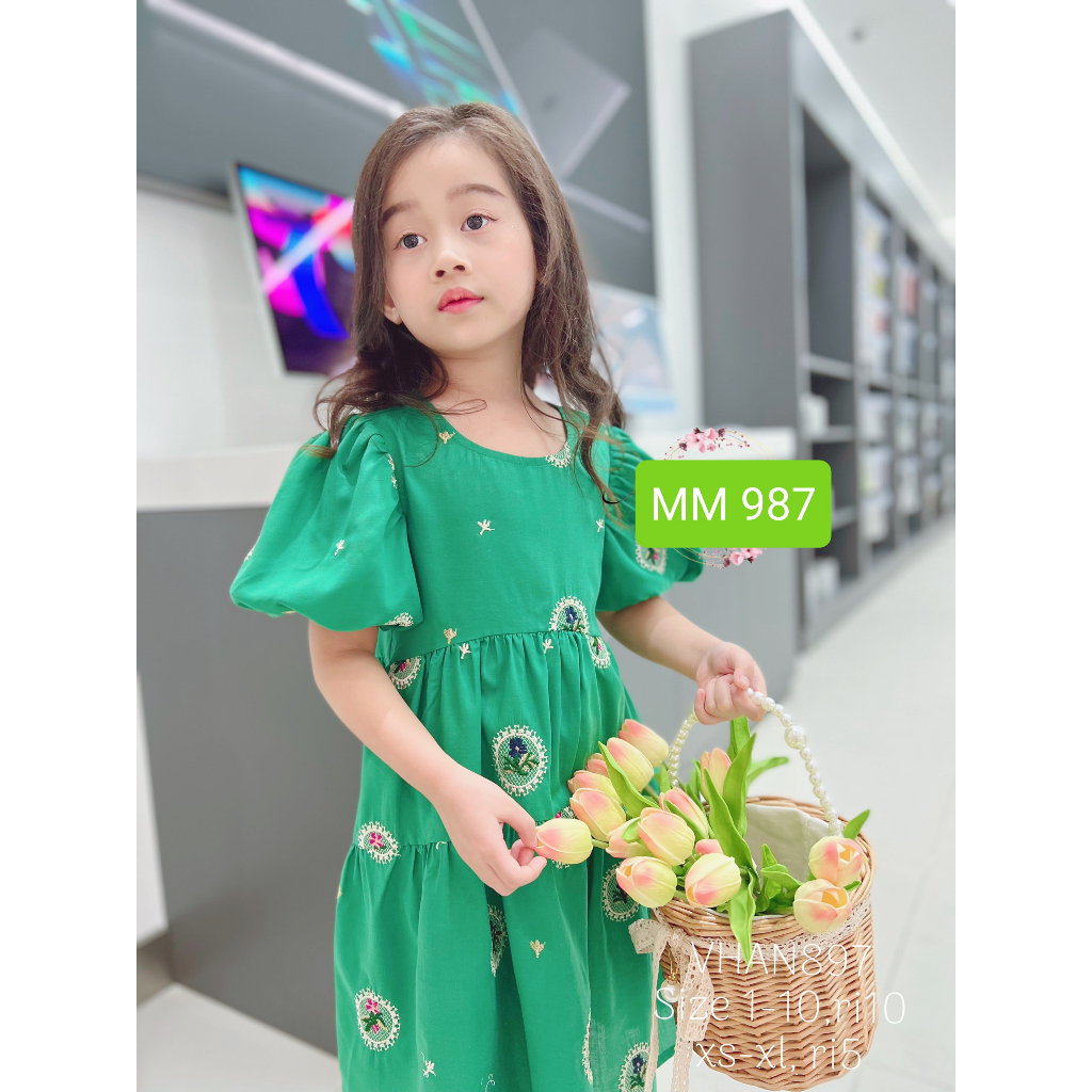 Váy Thêu Cao Cấp 1-10 Tuổi Dự Tiệc Màu Xanh, Đầm Thêu Hoa Babydoll Dáng Xòe Cho Bé