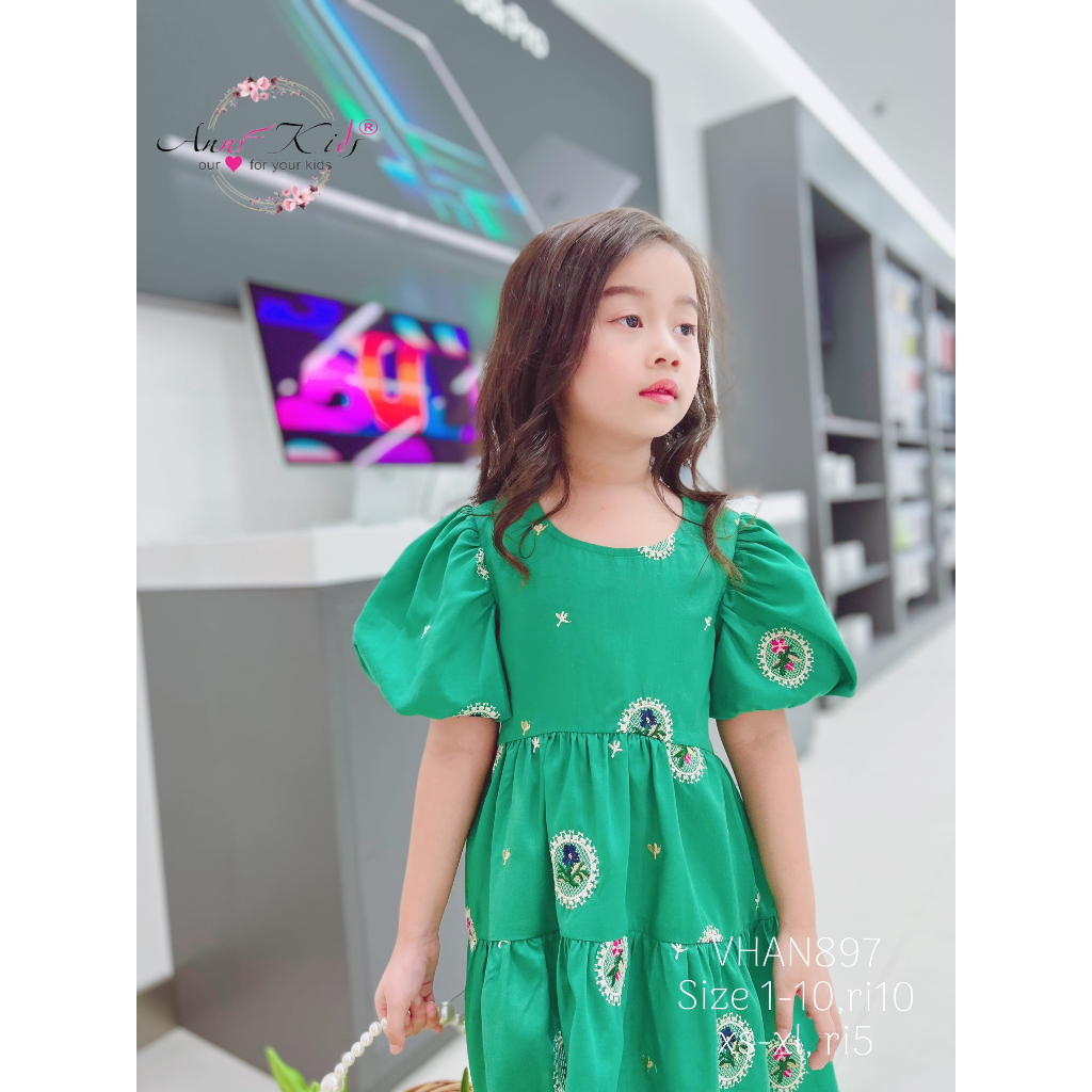 Váy Thêu Cao Cấp 1-10 Tuổi Dự Tiệc Màu Xanh, Đầm Thêu Hoa Babydoll Dáng Xòe Cho Bé