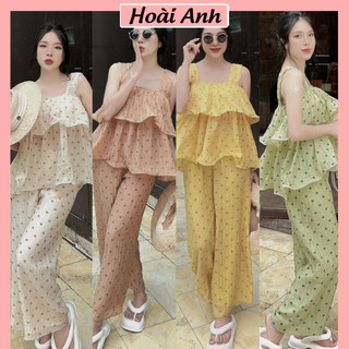 Set Bộ Áo 2 Dây Tơ Nhăn Mỏng Họa Tiết  Trái Tim Nhí Bèo Tầng Mix Quần Suông 2 Lớp Freesize