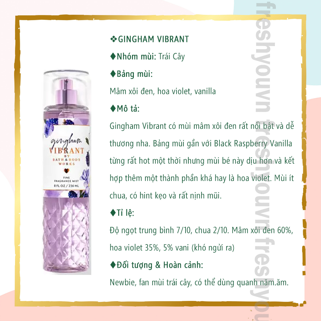 Gingham (Love Fresh Vibrant Gorgeous) - Full Size Xịt Thơm Toàn Thân Bath &  Body Works Body Mist, Lotion, Sữa Tắm | Shopee Việt Nam