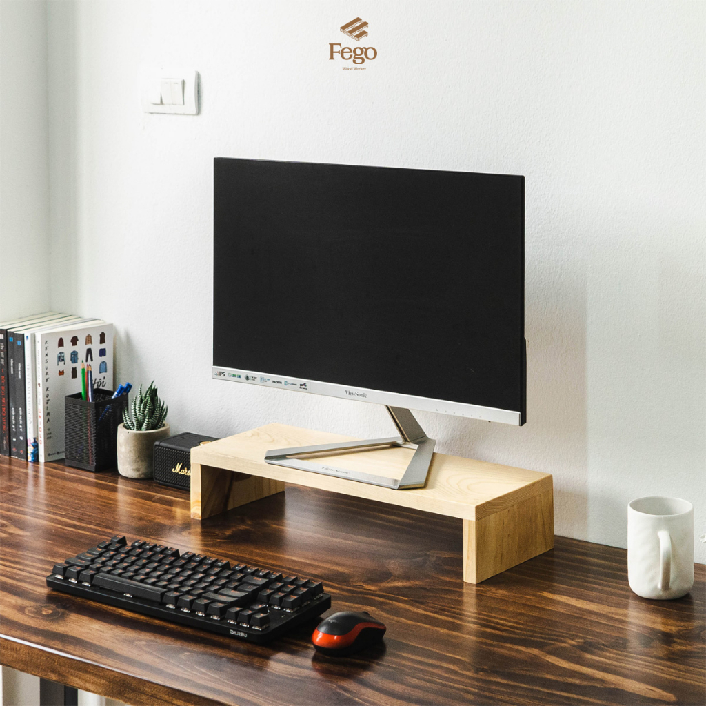 Kệ gỗ để màn hình máy tính, laptop FEGO màu tự nhiên cho bàn làm việc không cần lắp ráp