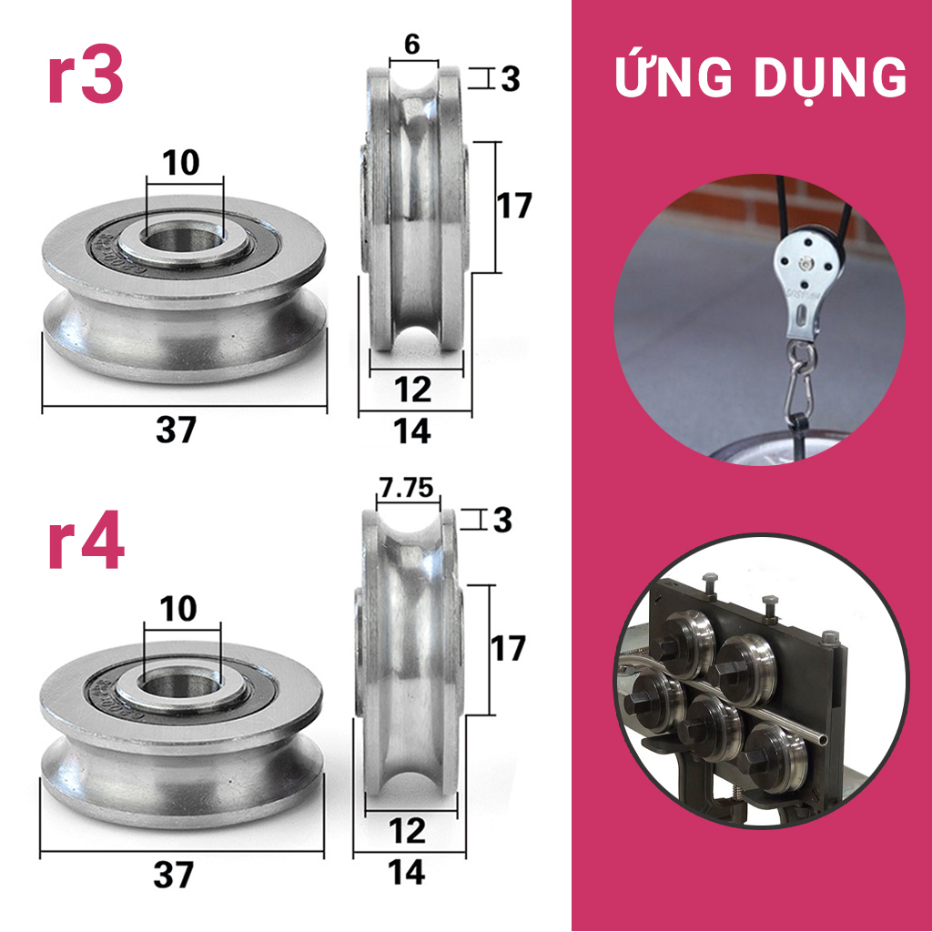 Vòng bi rãnh U chịu lực dẫn hướng 10x37x12, rãnh bán kính R3, R4 ...