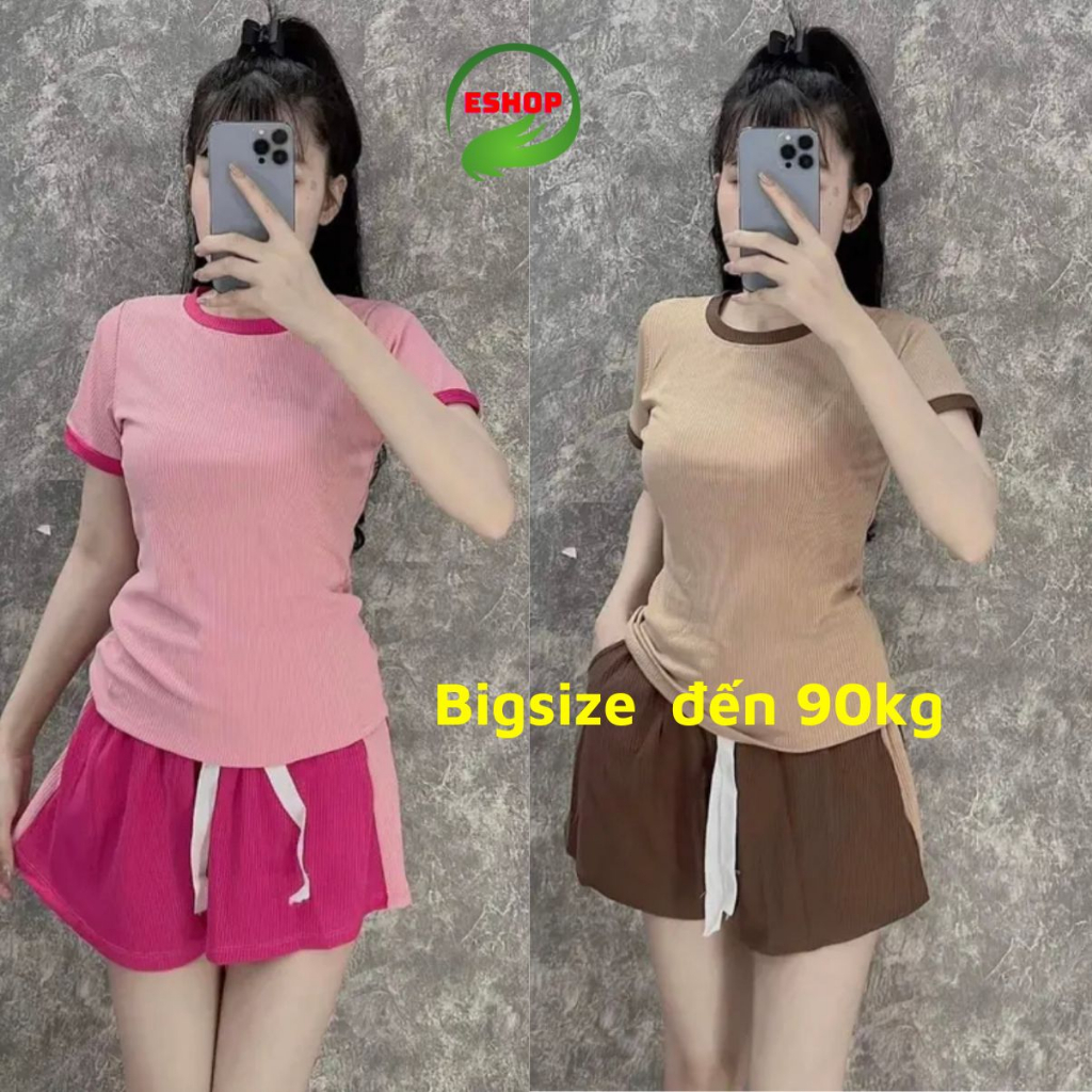 Set đồ bộ nữ bigsize quần đùi thun gân hottrend ESHOP Đồ bộ nữ đồ mặc nhà thoải mái đẹp dễ thương mùa hè thoáng mát 137