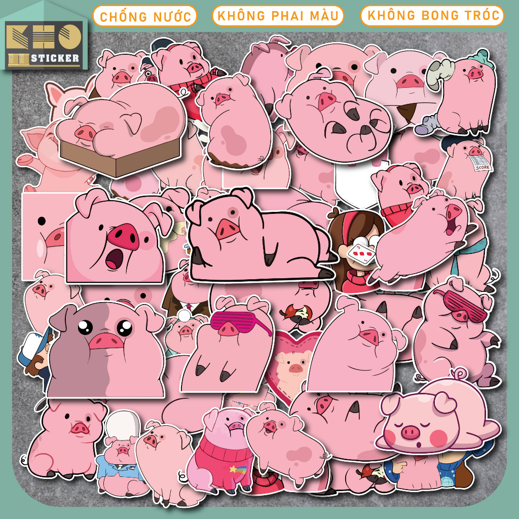 Combo 50 Sticker Pink Pig chống nước sticker dán laptop, điện thoại ...