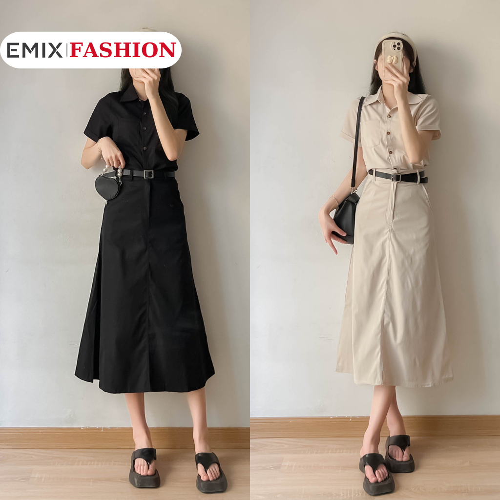 Set váy retro EMIX, áo sơ mi và chân váy dài chất kaki thô mềm (tặng kèm đai), size dưới 54kg, dáng dài, cộc tay 036