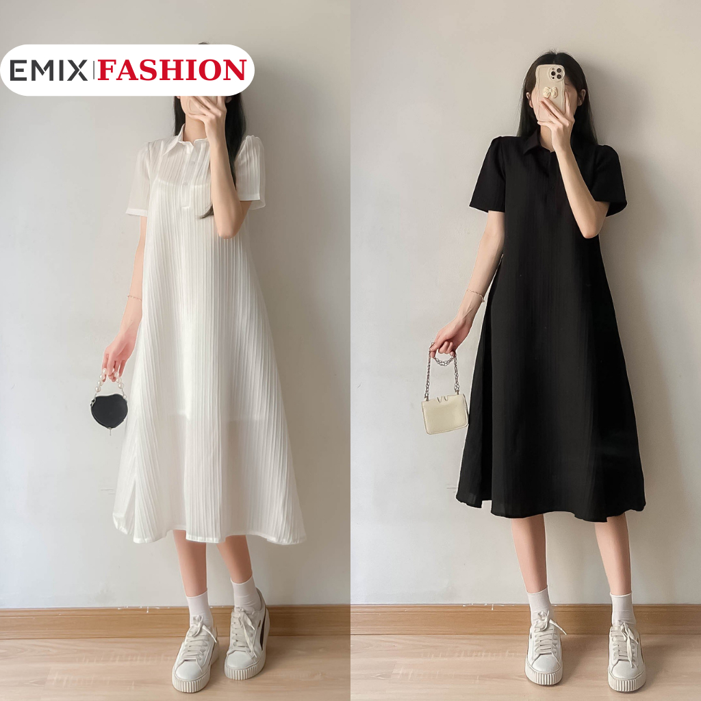 Váy polo suông dài EMIX, đầm cộc tay chất thun Hàn mát mịn, phong cách basic, freesize dưới 55kg 825