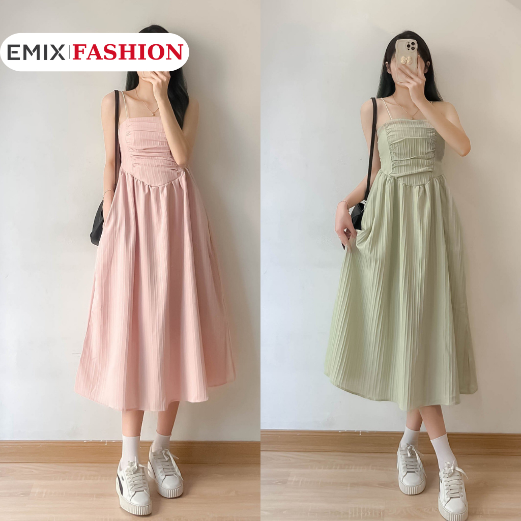 Váy 2 dây đũi gân bèo ngực EMIX, maxi dáng dài phong cách Hàn Quốc, freesize dưới 55kg, A382