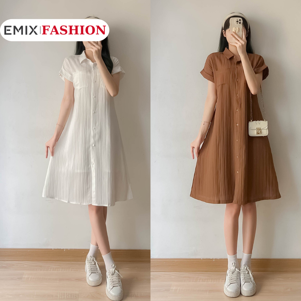 Váy thô đũi kẻ tay hến kèm váy 2 dây EMIX, đầm sơ mi suông dài, phong cách Hàn Quốc 0081