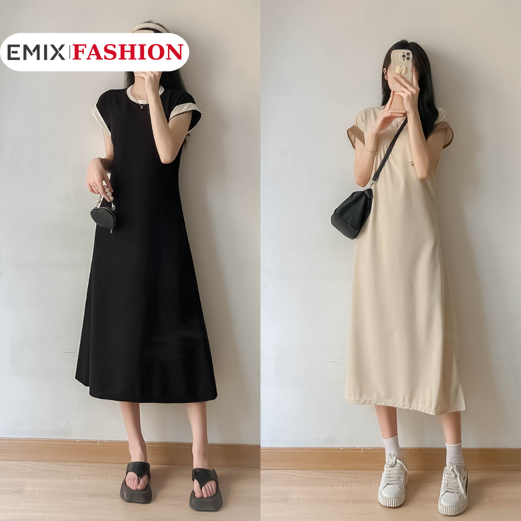 Váy tay hến chất tổ ong phối viền EMIX, đầm suông chữ A dáng dài, cổ tròn, phong cách Hàn Quốc 262P0K35