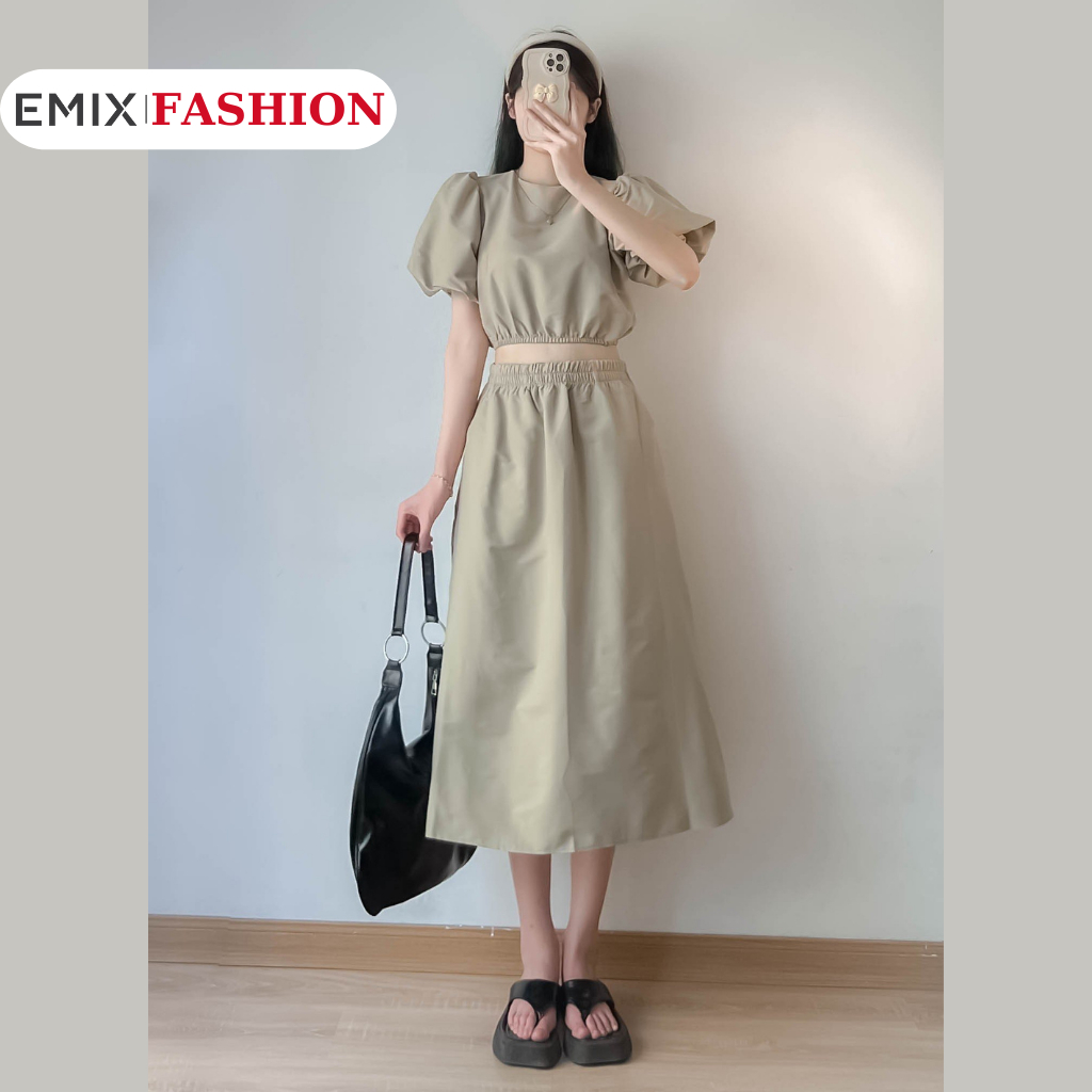 Set áo croptop bo chun eo tay bồng mix chân váy midi dáng dài EMIX, dưới 55kg, chữ A, cộc tay bồng, cổ tròn, 3361