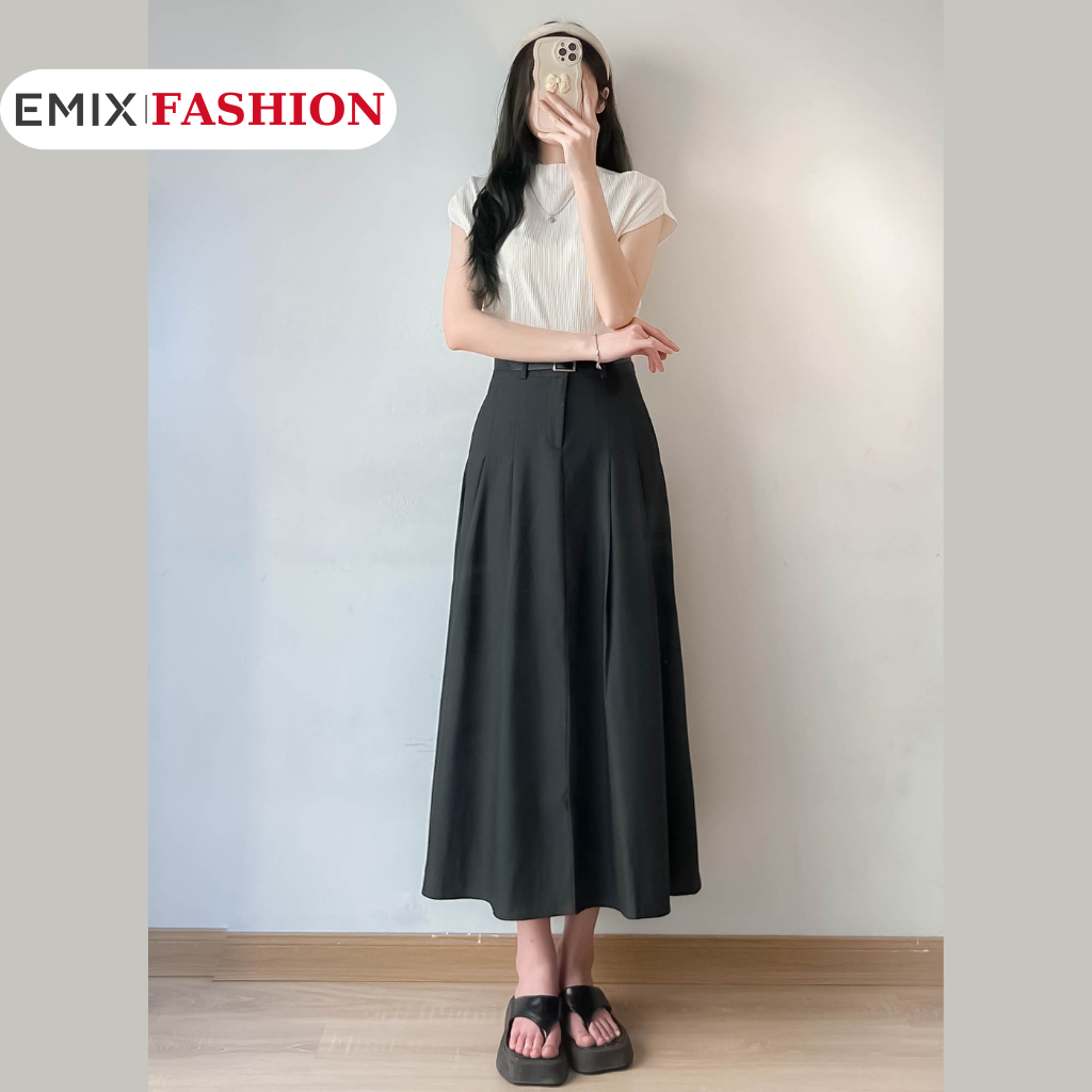 Chân váy xếp li dáng dài EMIX, chữ A, cạp cao, form rộng xòe, chất trượt hàn, phong cách Hàn Quốc 6906