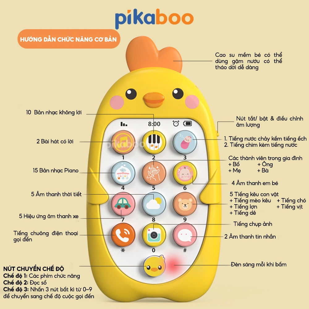 Ảnh Combo điện thoại đồ chơi cho bé gà vàng kèm pin đáng yêu có đèn và nhạc Pikaboo, chất liệu cao cấp 2