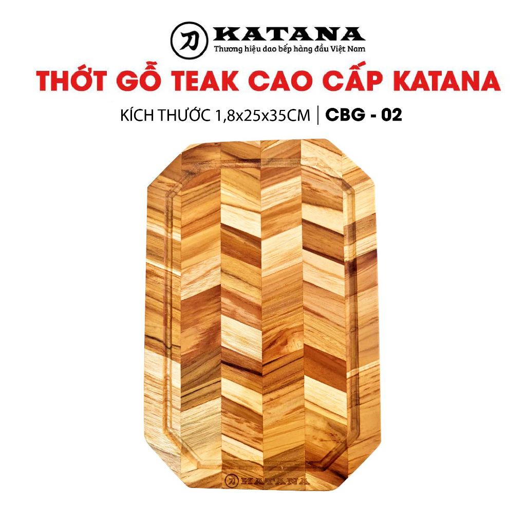 Thớt gỗ teak cao cấp KATANA - Ghép chéo hình bát giác Size to (18x250x350mm)
