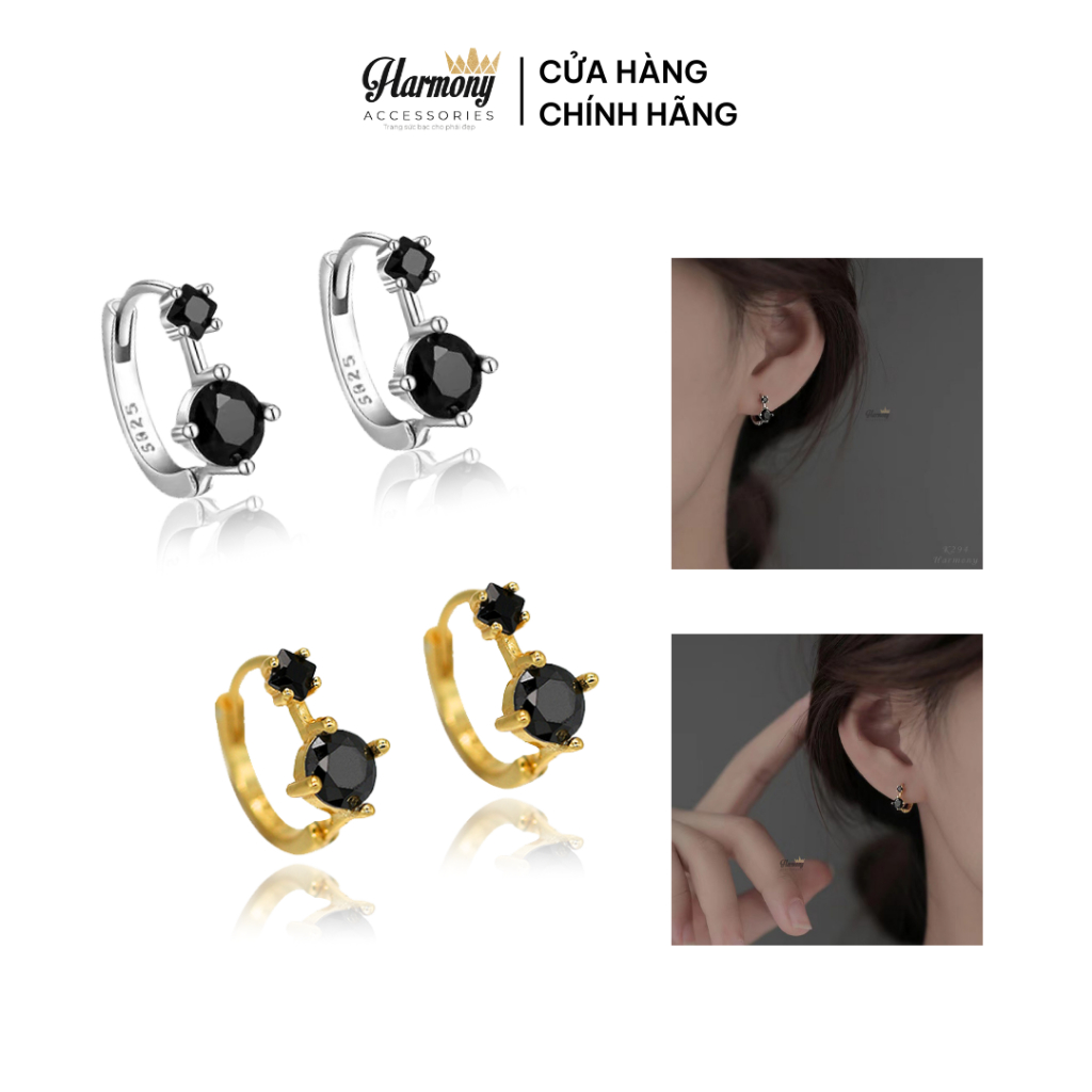 Bông tai nữ khuyên bạc thật đính đá màu đen xi bạch kim và mạ vàng Black Earrings 2 | HARMONY ACCESSORIES K294